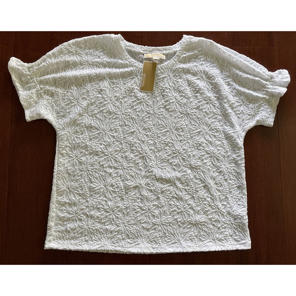 NWT $88 MICHAEL by Michael Kors Floral Eyelet Tee Shirt Short Sleeve White Large